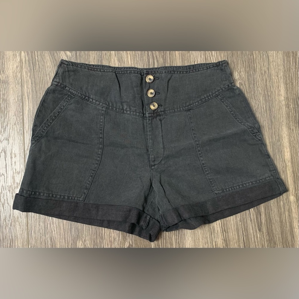 AE Aerie 3 Button High Waisted Stretch Back Linen Blend Shorts Black Size Med